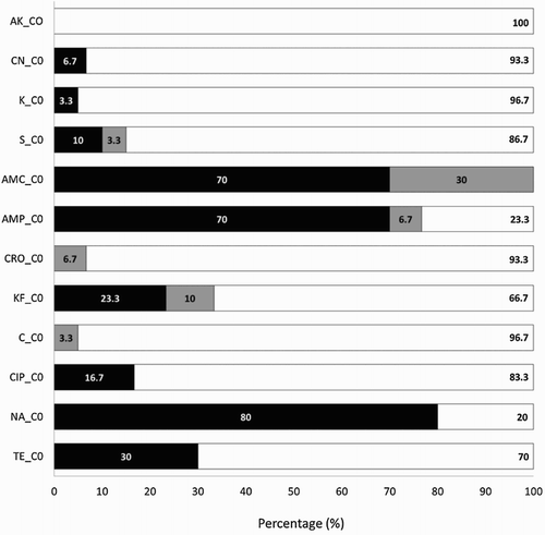 Figure 1. Percentage of E. coli isolates from meconia of day-old chicks with resistance (▪), intermediate resistance (Display full size) and sensitivity (□) to the antibiotics. AK = amikacin; AMC = amoxicillin/clavulanic acid; AMP = ampicillin; C = chloramphenicol; CIP = ciprofloxacin; CN = gentamicin; CRO = ceftriaxone; K = kanamycin; KF = cephalothin; NA = nalidixic acid; TE = tetracycline; S = streptomycin.