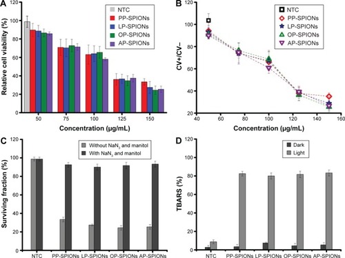 Figure 8 Photo-toxicity studies.Notes: (A) PDT effects of bio-SPIONs on HeLa cell viability. (B) Cell viability ratios in light and dark reactions (CV+/CV−) vs concentration. (C) Changes in the surviving fractions of the treated HeLa cells preincubated with and without the scavengers (NaN3 and mannitol). (D) TBA assay results for SPION exposure. Data are expressed as percentage (mean ± SD) relative to the NTC sample (P<0.05; two-tailed t-test).Abbreviations: AP-SPIONs, apple peel-mediated SPIONs; CV, cell viability; HeLa, human cervical epithelial malignant carcinoma; LP-SPIONs, lemon peel-mediated SPIONs; NTC, nontreated cell; OP-SPIONs, orange peel-mediated SPIONs; PDT, photodynamic therapy; PP-SPIONs, pomegranate peel-mediated SPIONs; SPION, superparamagnetic iron oxide nanoparticle; TBA, thiobarbituric acid; TBARS, TBA-reactive substances; SD, standard deviation.