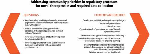 Figure 4. Questions and elements/modalities considered by WG3 to address community priorities in regulatory processes for novel therapeutics and required data collection for ultra-rare inherited bleeding disorders.