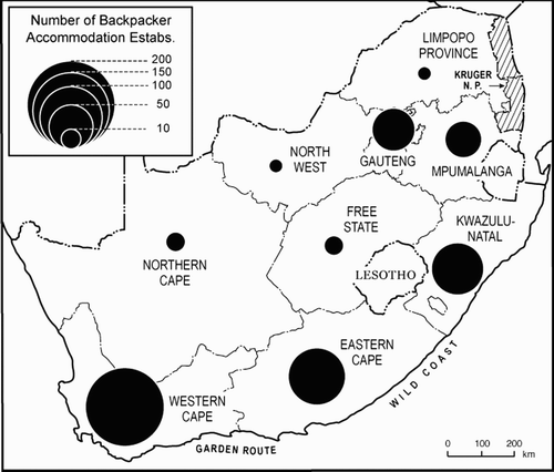 Figure 1. The geographical distribution of suppliers of backpacker accommodation, by province