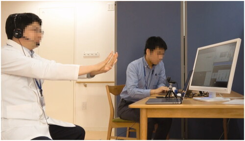 Figure 1. Case 1: The therapist’s side during a telerehabilitation session. The physical therapist provided instructions and feedback to the patient using Google Translate. The assistant corrected the dictated text and provided the translated instructions and feedback to the patient using the read-out function on the patient's tablet.