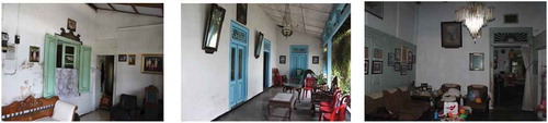 Figure 6. (a) The original door, window and wall elements in the warehouse are believed to be part of the sacred space. (b) The pavilion as the living room for the nobles, believed to be the sacred space, is located in the backyard. (c) Lojen as the king’s dining room is believed to be the sacred place.