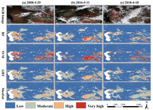 Figure 6. SDS source susceptibility maps produced via the ML-based methods in spring. (a) 2008-4-29, (b) 2016-5-11, (c) 2018-4-18.