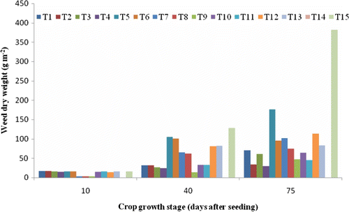 Figure 1.  Weed dry weight at different growth stages of rice variety AERON 1 as influenced by weed control treatments (averaged over seasons). T1=Bispyribac-sodium; T2=Bispyribac-sodium fb Bentazon/MCPA; T3=Cyhalofop-butyl+Bensulfuron; T4=Cyhalofop-butyl+Bensulfuron followed by (fb) Bentazon/MCPA; T5=Fenoxaprop-p-ethyl/safener; T6=Fenoxaprop-p-ethyl/safener fb Bentazon/MCPA; T7=Pretilachlor/safener; T8=Pretilachlor/safener fb Bentazon/MCPA; T9=Pretilachlor/safener fb Propanil/Thiobencarb; T10=Propanil/Thiobencarb; T11=Propanil/Thiobencarb fb Bentazon/MCPA; T12=Quinclorac; T13=Quinclorac fb Bentazon/MCPA; T14=Season long weed-free; T15=Season long weedy.