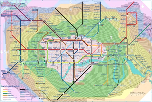 Figure 4. London Underground ‘map’ with distortion grid (Transport for London, 2006).