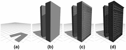 Figure 4 Example illustrating level-of-detail (LOD) control using shape grammars: Initial footprint only (a); building model without details (b); sub-divided building model (c); and full detail including depth control (d). Shape grammars taken from CityEngine tutorial.