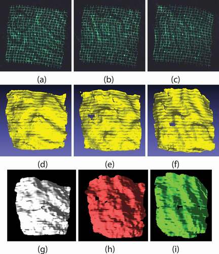 Figure 8. The reconstruction results of the proposed method and Furukawa et al. (Citation2015): (a)-(c):Captured images. (d)-(f):Reconstruction results of the proposed method for inputs of (a-c). (g)-(i):Reconstruction results of Furukawa et al. (Citation2015) for inputs of (a-c).