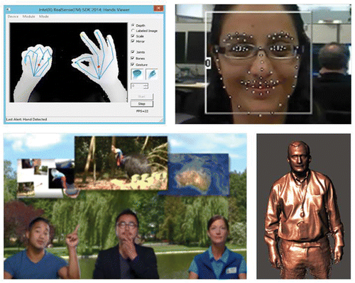 Figure 6. Examples of 3D computer vision middleware libraries included in the RealSense software development kit. Top left: 3D hand skeleton tracking; top right: face detection and tracking; bottom left: 3D background segmentation; bottom right: 3D scanning and reconstruction.