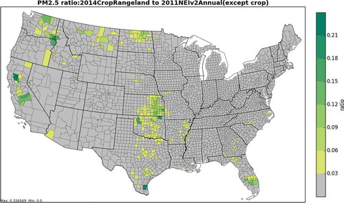 Figure 2. PM2.5 ratio of 2014 annual crop residue and rangeland to 2011NEIv2 from all sources excluding crop residue burning.