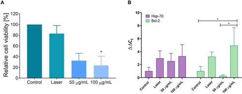 Figure 5 Effect of the photothermal therapy. (A) Efficacy of the therapy evaluated as the relative cell viability. Analysis was conducted using one-way ANOVA and a Dunnet’s multiple comparison test. (B) Relative expression of mRNA of Hsp70 and Bcl-2 genes using β-actin as housekeeping gen. Statistical analysis was conducted using two way ANOVA with Sidak’s multiple comparison test. * refers to a p-value < 0.05. Error bars depict SD of data.
