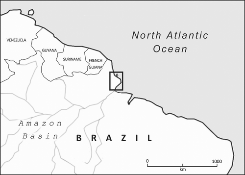 Fig. 1. Location of area shown in Henri Coudreau’s map of the contested Franco–Brazil frontier. (Drawn by D. Bove.)