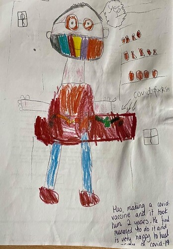 Figure 3. Drawing of a scientist made by a 6-year-old child (senior Infants) during the pandemic (with handwritten transciption made by the teacher of the child’s description).