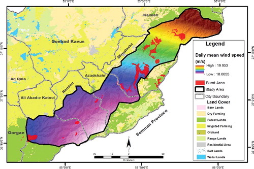 Figure 4. Spatial relationship between daily mean wind speed and burnt areas in the study area.