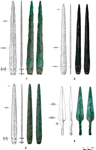 Figure 3 Selected dagger and spearhead from NRQ, sampled for this study: 1. Dagger L11230 W188; 2. Dagger L12055 Y768; 3. Dagger L11246 W405; 4. Spearhead L306 3096.