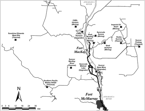 Figure 2. The locations, names, and types of oil sands developments near Fort McKay, as of 2015.