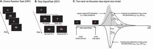 Figure 1. Behavioral tasks and stop-signal race model. Representations of the sequence of visual stimuli presented in the CRT (Panel A) and SST (Panel B). Panel B also includes the proportion of each stimuli type for the SST task. Panel C is a schematic illustration of the two-racer ex-Gaussian stop-signal race model employed in the Bayesian modeling approach. It includes the underlying structure of Go Signal Reaction Time, Signal Respond Reaction Time, and Stop Signal Reaction Time Distributions with reference to modeling parameters. Panel C was adapted from Heathcote et al., 2018 (Creative Commons CC- BY license, https://creativecommons.org/licenses/by/2.0/). RT = Reaction Time, SSD = Stop Signal Delay, SSRT = Stop Signal Reaction Time