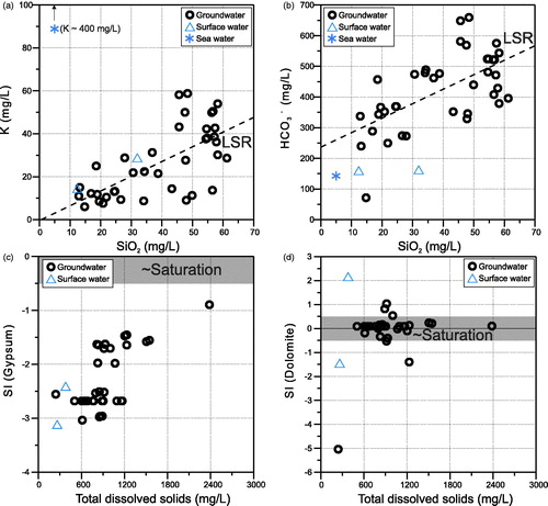 Figure 5. (a) K–SiO2, (b) HCO3––SiO2, (c) gypsum saturation index-total dissolved solids, and (d) dolomite saturation index-total dissolved solids scatter plots of the Lake Woods water samples. Samples are differentiated by their type: circles, groundwater; triangles, surface (creek or lake) water; crosses, rain water; and star, average sea water (Drever, Citation1997). LSR: least-squares regression line through the groundwater dataset (dashed line). Shaded fields indicate likely saturation with respect to mineral.