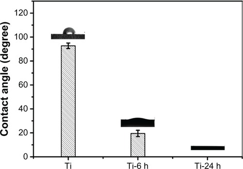 Figure 4 Contact angle measurement.Notes: The contact angles of titanium plate and hydrothermally treated samples are displayed. The hydrothermally treated samples exhibit superhydrophilicity compared with the control titanium sample.