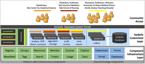 Figure 1. Sankofa database management structure. The infrastructure layer shows the components of HUBzero and the data technology that support the Sankofa Project. In the customized layer are the forms, views, groups, and database created using the components. This diagram illustrates the global nature of the interactions between clinical and research group, with the role-based access and sharing of de-identified patient data through a web-based portal to a centralized research database established on the collaborative HUBzero cyber infrastructure.