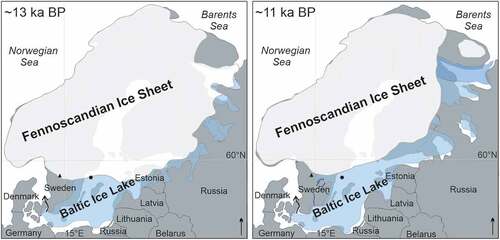 Figure 2. Evolution of the Baltic Ice Lake and decay of the Fennoscandian Ice Sheet at ~13.0 and 11.5 ka BP. Source: Kallio (Citation2006), by M. Saarnisto/Geological Survey of Finland. Black dot marks the location of the Landsort Deep, black triangle marks Mt. Billingen, and black arrow marks the Öresund strait. The contemporary continental rivers (blue lines) are redrawn from Patton et al. (Citation2017).