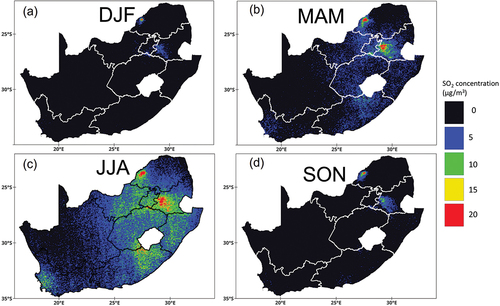 Figure 3. Seasonal concentration of SO2 over South Africa for the period of 2022.