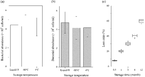 Figure 2. Effects of storage temperature and storage time on bacterial counting. (a) Samples fixed by FA and preserved in liquid nitrogen (Liquid-N), in −80 and in 4 °C. (b) Samples fixed by GA and preserved in liquid nitrogen (Liquid-N), in −80 and in 4 °C. ANOVA demonstrated that storage temperature did not have significant effect on bacterial counting (p = 0.75 for FA fixed samples; p = 0.32 for GA fixed samples). (c) Loss ratio (%) of bacterial cells fixed by FA after 0.5, 1, 3, 5, 12 months’ storage under 4 °C.