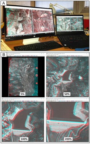 Figure 2. Examples of stereoscopic aerial photographs prepared using the freeware StereoPhoto Maker (SPM). (A) – Simultaneous view of more than a single stereo-pair on each display. (B) – Zoom capability of SPM which makes it very easy to pass from general overviews (5%) to highly detailed views (200%). A vertical two panels figure illustrates the digital aerial photographs in anaglyphs mode, prepared using the freeware StereoPhoto Maker (SPM). Panel A shows two computer screens, each displaying two anaglyphs prepared for the photo-interpretation of two different flights. Panel B shows four progressively detailed enlargements, namely of the 5%, 50%, 100% and 200%, of an artificial dammed lake. The images reveal the zoom capability of SPM, which allows for a multiscale investigation of the landscape.