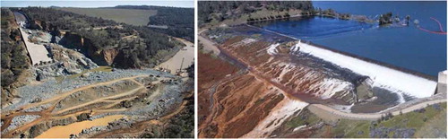 Figura 14. Consecuencias del incidente en la presa de Oroville. Izquierda: canal de descarga del aliviadero principal y del cauce. Derecha: ladera de aguas abajo del aliviadero de emergencia, donde se observa la erosión generalizada. Fuente: [Citation17].