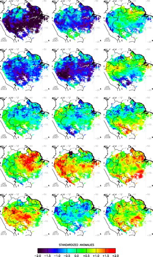 Figure 6. Standardized thermal anomalies obtained from MODIS MOD11C3 product for the JAS season and the period 2000–2014. MODIS images were resampled to 0.75°.
