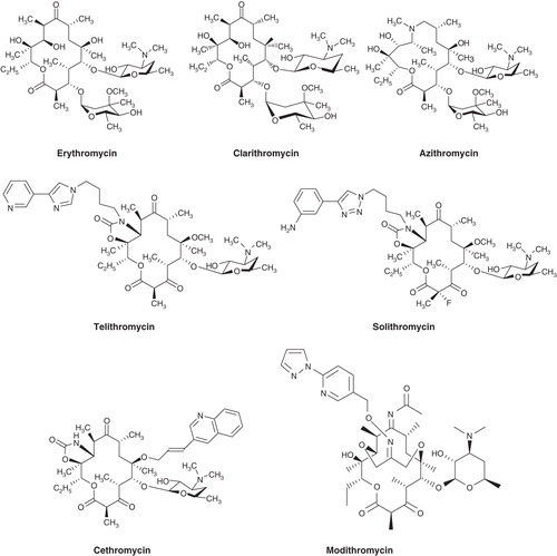 Figure 1. Structures of the 14-membered macrolide erythromycin and its 6-O-methyl derivative clarithromycin, the 15-membered azilide azithromycin and the ketolides telithromycin, solithromycin, cethromycin and modithromycin.