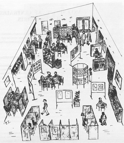 Image 6. Drawing of the central room for the the oldest pupils. Compared to the usage of similar drawings in contemporary Danish open plan schools (e.g. Ballerup-Måløv-Kommune, Citation1972, Citation1973), the drawing might very likely have been a tool in the planning and continuous work with the central rooms, e.g. the spatial work of the teachers. The drawing is found in one othe evaluative reports for the first ten years of PLYS’ life (Fog et al., , Citation1982b)