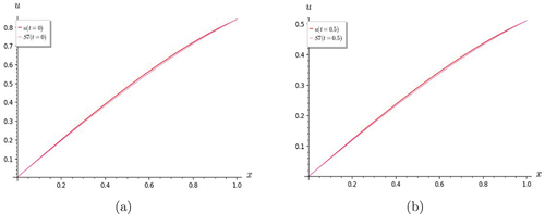 Figure 4. Graphs of Lin and Hom Telegraph Equation. S7 shows a good rate of convergence with the exact solution for (a) t = 0 and (b) t = 0.5.