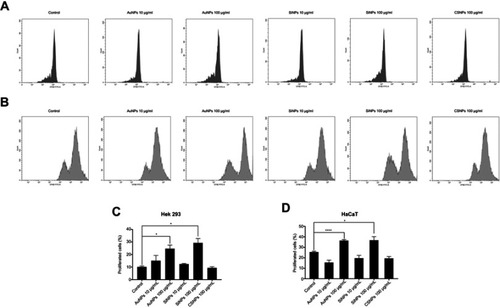 Figure 5 Cell proliferation analysis.Notes: Proliferation of carboxyfluorescein succinimidyl ester (CFSE)-labeled human embryonic kidney (HEK293) (A) and keratinocyte (HaCaT) (B) cells treated with engineered nanoparticles (ENPs) for 72 hrs. The percentages of proliferating HEK293 (C) and HaCaT (D) cells as measured by the CFSE-based assay. *P<0.01, ****P<0.0001 vs control.