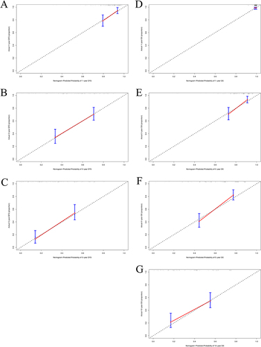 Figure 3 The calibration curves for aMAP-nomogram model in predicting different survival time. (A) 1-year DFS, (B) 3-year DFS, (C) 5-year DFS, (D) 1-year OS, (E) 3-year OS, (F) 5-year OS, (G) 10-year OS.