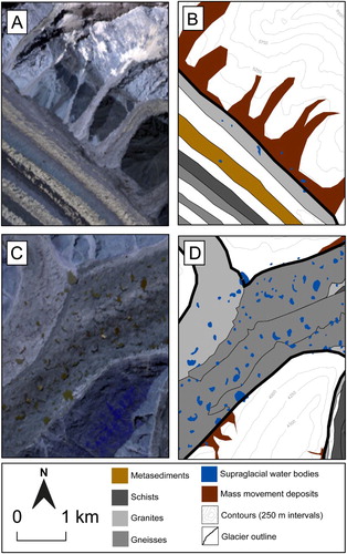 Figure 2. Examples of mass movement deposits (a,b) and supraglacial water bodies (c,d) in original ASTER 2012 images and mapped examples, respectively.