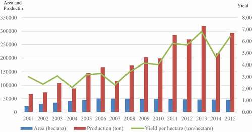 Figure 1. Evolution of annual apricot area, production and yield in Algeria