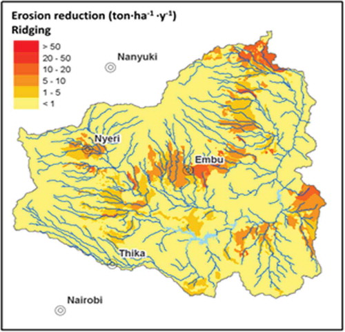 Figure 3 The Upper Tana basin in Kenya with calculated erosion reduction when introducing soil conservation measures. Eleven measures were tested. Results for ridging are shown here.