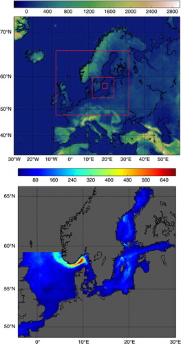 Fig. 2 (a) WRF domains and (b) NEMO domain. The outer WRF domain has a horizontal resolution of 30 km, and each nest has a grid refinement factor of 3. NEMO has a horizontal resolution of 2 nm. Topography (WRF, metres) and bathymetry (NEMO, metres) are shaded.