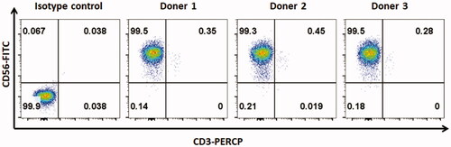 Figure 2. The purity of NK cells. To expand NK cells, fresh or frozen PBMCs from healthy donors were co-incubated with irradiated mbIL-21-CD137L-K562 cells for 2 weeks in RPMI-1640 complete medium at 37 °C in a humidified atmosphere containing 5% CO2. The purity of NK cells was tested by flow cytometry.