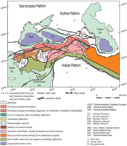 Figure 1. Structural sketch map of the Tauride–Anatolides, Caucasus and Iranian belts (modified after Avagyan et al., Citation2005). Location of Figure 2 is indicated.