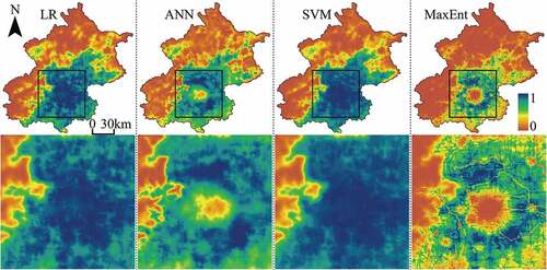 Figure 8. Transition potential maps of Beijing projected by LR, ANN, SVM, and MaxEnt models. The central zone of Beijing has been enlarged to show spatial details.