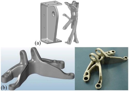 Figure 2. The application of TO and MAM in the development of aircraft brackets as developed by (a) (Seabra et al. Citation2016). Reproduced with permission from Ref. (Seabra et al. Citation2016). Copyright 2016, Elsevier, and (b) (López-Castro et al. Citation2017). Reproduced with permission from Ref. (López-Castro et al. Citation2017). Copyright 2017, Elsevier.