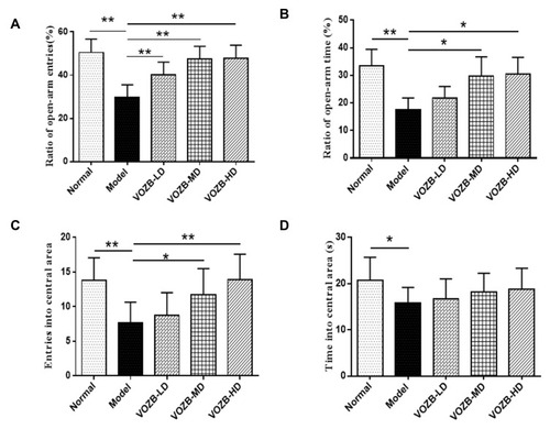 Figure 2 The VOZB alleviated the CUS-induced anxiety behavior in the elevated plus maze (EPM) and open field (OF) tests. Ratio of open-arm entries (A) and ratio of open-arm time (B) in the EPM test were evaluated, as well as the entries into central area (C) and accumulative time spent in central area (D) in the OF test. Data obtained from the EPM and OF test was in accordance with normal distribution and analyzed by one-way ANOVA followed by Fisher’s LSD test. Data were expressed as the mean ± SD (n = 10), *p<0.05 and **p<0.01 vs the model group.