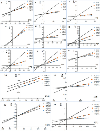 Figure 1. Lineweaver-Burk plots for kinetic analysis of α-glucosidase inhibition. 5;6;7;8;9;11;12;13;16;17;20;23;24;28 represent the kinetic Lineweaver-Burk plots for the inhibition of α-glucosidase by different compounds, respectively, and the specific compound names are shown in Table 1.