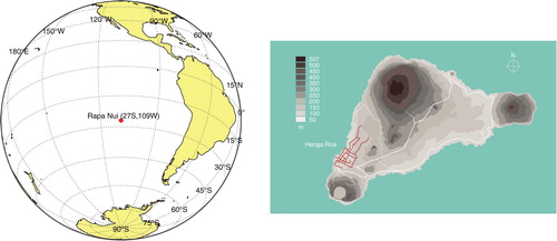 Fig. 1 Location (left) and main topographic features (right) of Rapa Nui or Easter Island. The right panel also shows the main roads (white) and the town of Hanga Roa in Rapa Nui (red).