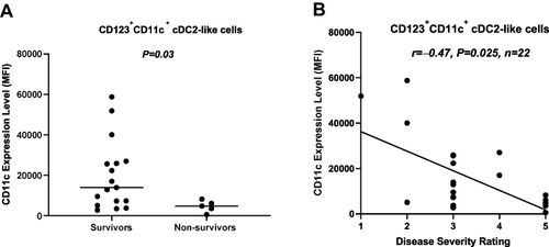 Figure 5 Association between the expression level of CD11c on cDC2-like cells and disease severity. (A) The expression level of CD11c on cDC2-like cells was significantly lower in non-survivors compared to survivors. (B) The expression level of CD11c on cDC2-like cells was inversely correlated with disease severity rating.