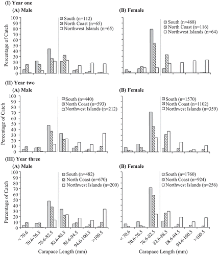 Figure 3. Size distribution of (A) male and (B) female lobsters caught in commercial traps within the SCB: South, North Coast, and Northwest Islands. (I) Year 1 of CASP (2012–2013). (II) Year 2 of CASP (2013–2014). (III) Year 3 of CASP (2014–2015). Sublegal lobsters are to the left of the dashed line, and legal lobsters are to the right. Numbers in parentheses are the number of lobsters subsampled in each region.