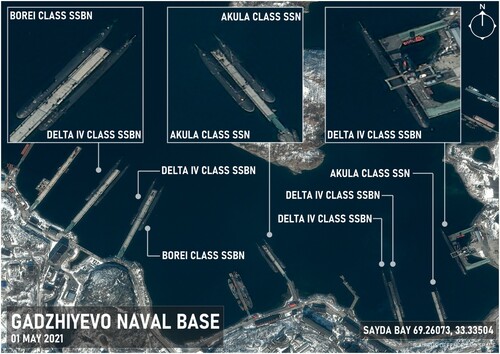 Figure 2: Delta-, Akula- and Borei-Class Submarines Present at Gadzhiyevo Naval Base on 1 May 2021Source: Airbus Defence and Space and authors'