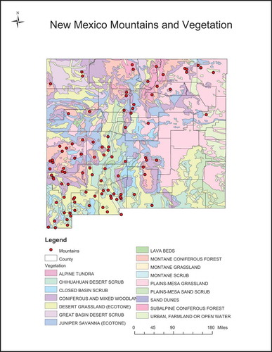 Figure 3. Mountains’ locations and vegetation community types in the state of New Mexico. Each point represents the centre location of a mountain.