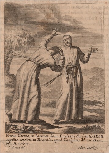 Figure 1 ‘Petrus Correa et Joannes Sosa.’ Pero Correia and João de Sousa are pierced by arrows. In Tanner Citation1675, 438. Courtesy of the John Carter Brown Library at Brown University.